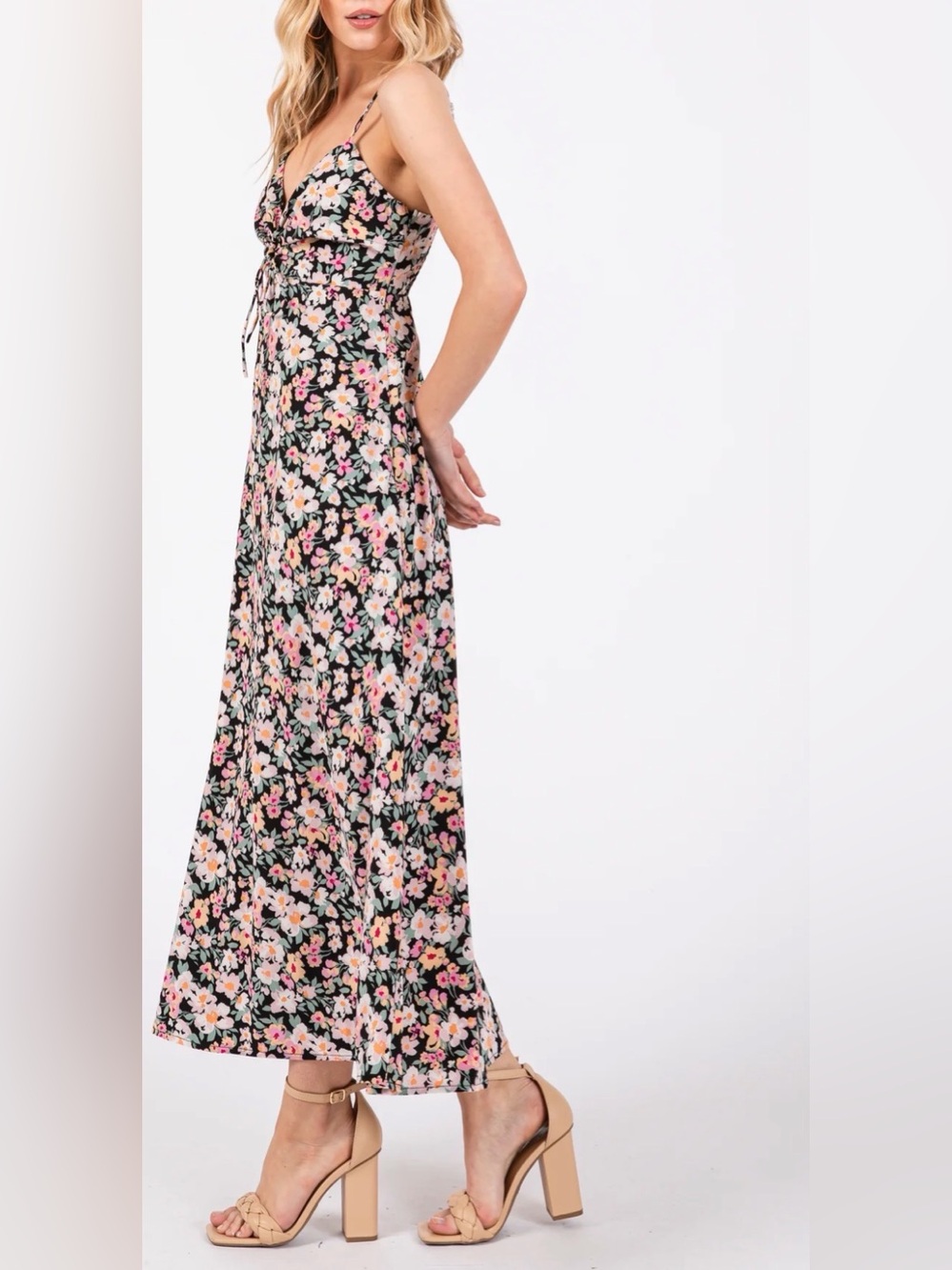 Floral Maxi dress - Black with Pink & Cream Flowers